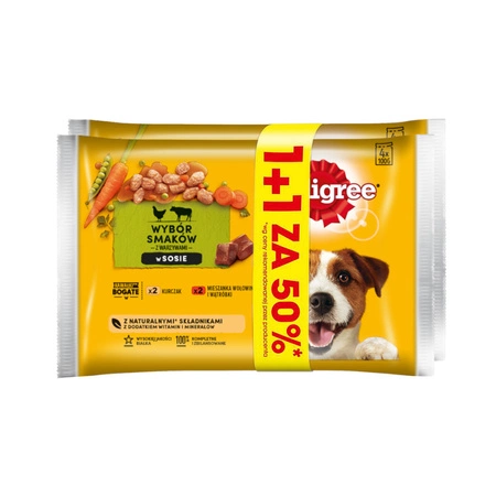 PEDIGREE Wybór Smaków z warzywami w sosie z kurczakiem i wołowiną - mokra karma dla psa - saszetka 4x100g + 4x100g za 50%