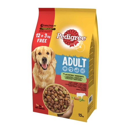 PEDIGREE Adult z wołowiną - sucha karma dla psa 12kg + 3kg