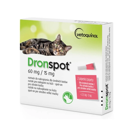 DRONSPOT 60mg /15mg  - krople odrobaczające dla średnich kotów o wadze od 2,5kg do 5kg 2szt