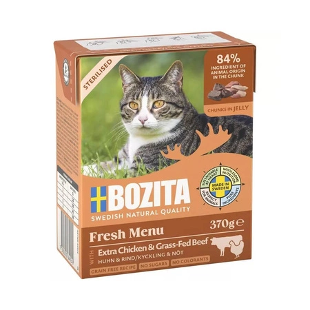 BOZITA Fresh Menu sterlised kawałki z kurczakiem i wołowiną w galaretce - mokra karma dla kota - kartonik 370g