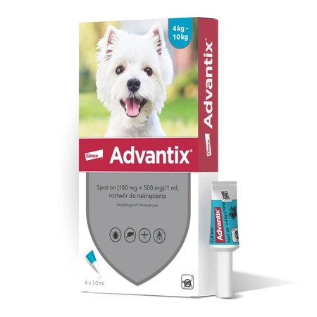 ADVANTIX Spot-On - krople przeciw pchłom i kleszczom dla psa 4-10kg 4x1,0ml