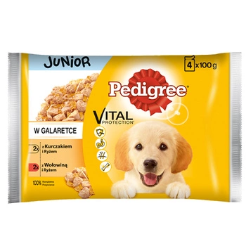 PEDIGREE Junior - mokra karma dla psa z kurczakiem, ryżem i wołowiną - saszetka 4x100g