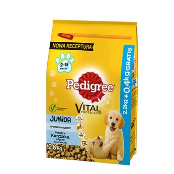 PEDIGREE Junior Medium - sucha karma dla psa z drobiem i ryżem 2,2kg + 400g GRATIS!